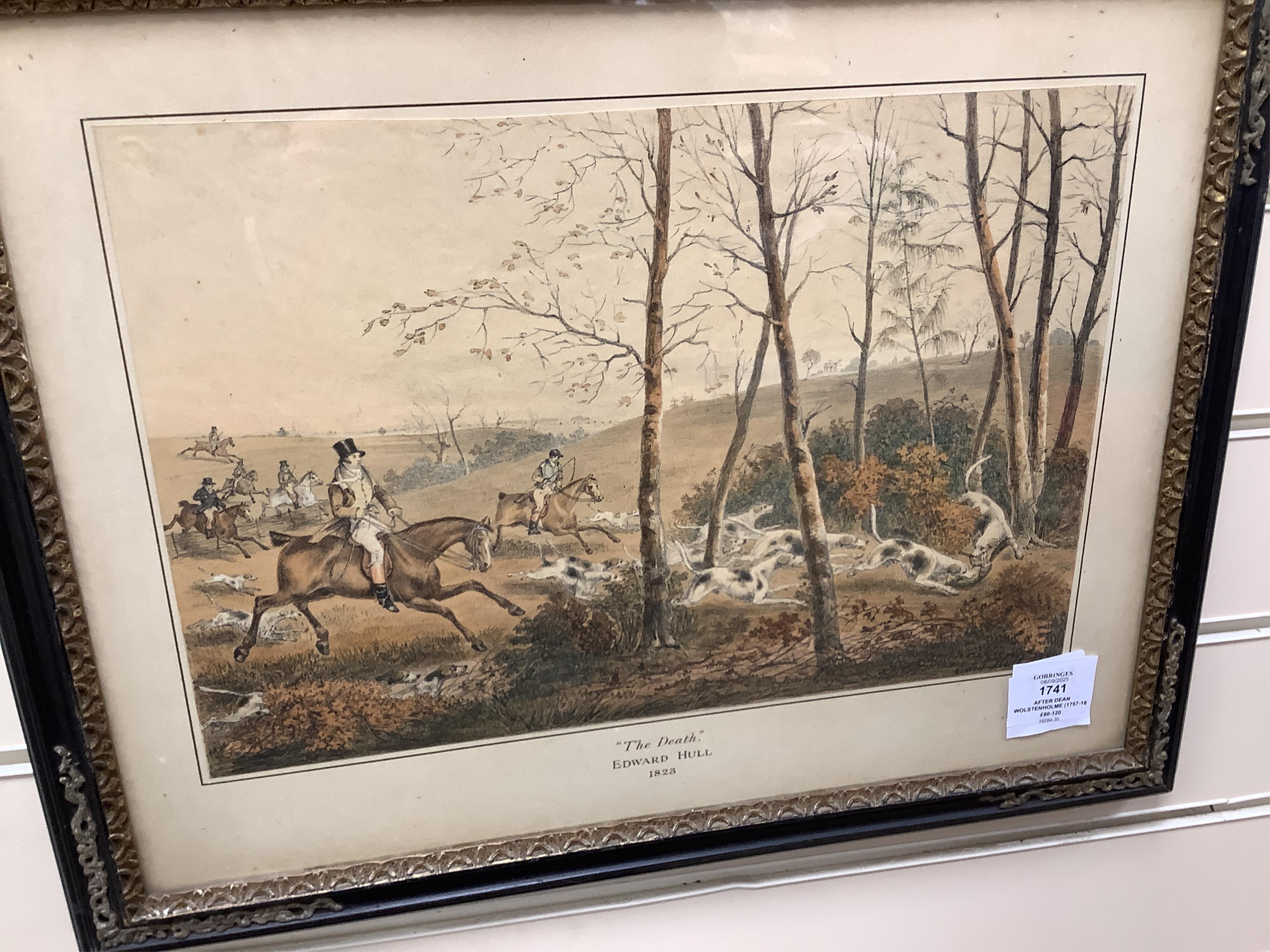 After Dean Wolstenholme (1757-1837) and Edward Hull, eight hunting interest lithographs to include: 'Unkenneling', 'Breaking cover', 'Morning' and 'Afternoon', 32 x 42cm